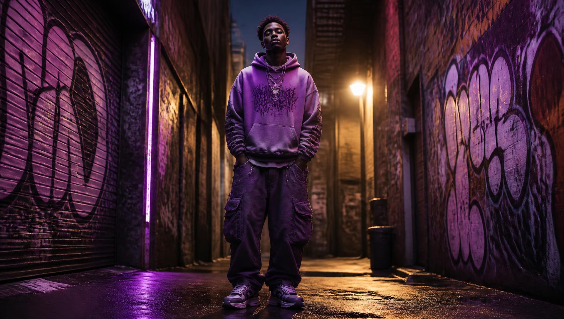 D3LUX streetwear model in front of a graffiti wall at night